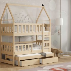 Łóżko piętrowe dziecięce OLA dla trzech osób - drewno sosnowe