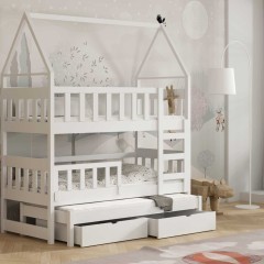 Piętrowe łóżko domek 3 os OLA z szufladą - drewno sosnowe